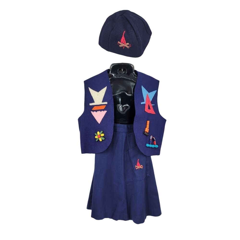 Vintage 60s Campfire Girls Scouts Navy Blue Hat Vest & Skirt Set